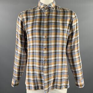 BORRIELLO Size XL Blue Orange White Plaid Linen Spread Collar Long Sleeve Shirt